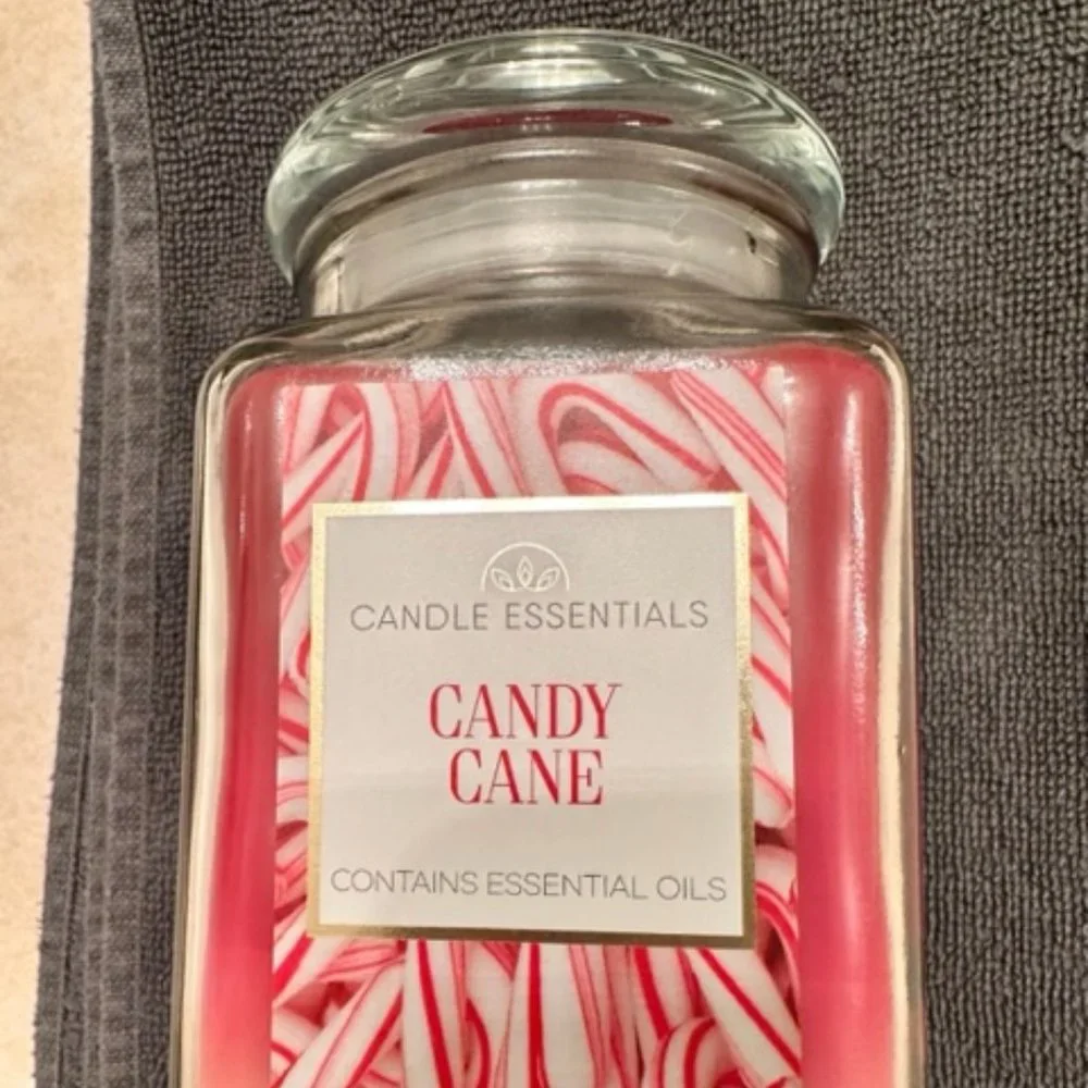 Candle Essentials Candy Cane Jar Candle LARGE SQUARE 17oz JAR ESSENTIAL OILS! - Picture 1 of 5